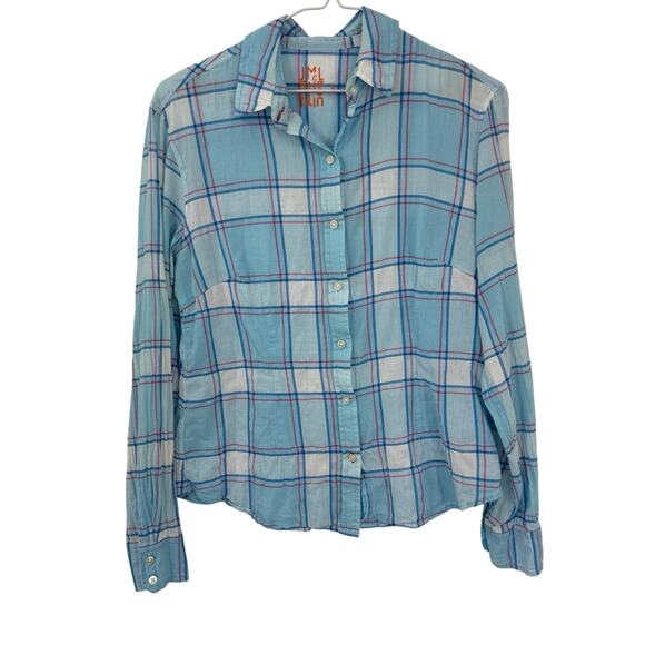 J McLaughlin Button Up Shirt Size 4 Blue Plaid Cotton Long Sleeve Classic - Picture 9 of 9